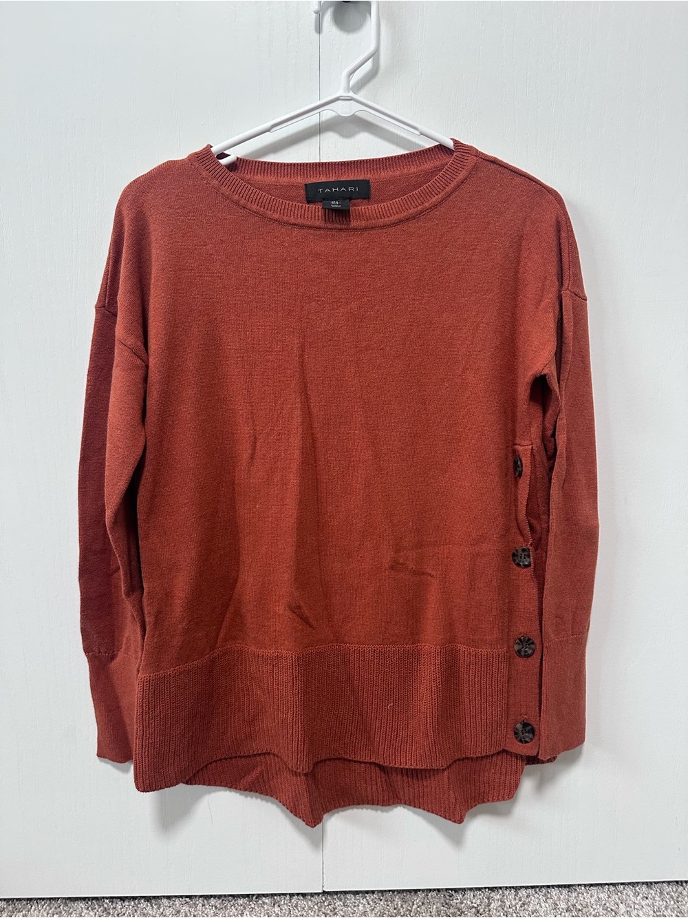 Tahari Rust Button-Side Crewneck Sweater